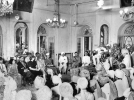 Hij Highness Maharajadhiraj Sir Jayendra Singh Judeo Bahadur with his sardars and jagirdars and British Officers in his Royal Court at Charkhari Palace in 1942